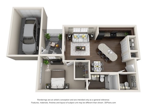Floor plan for 1 bed, 1.5 baths, 852 sqft